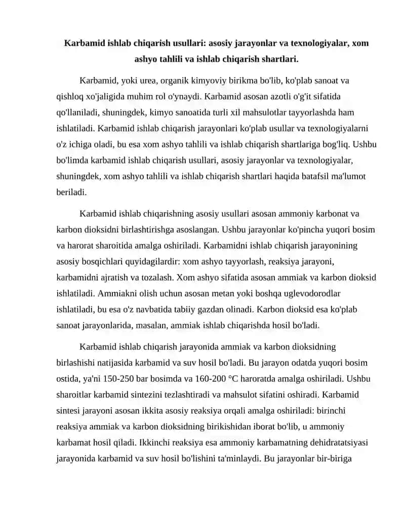 Karbamid ishlab chiqarish usullari. To'la suyuqlik resiklida karbamid sintezi. Karbamid eritmasidan tayyor mahsulot olish 2