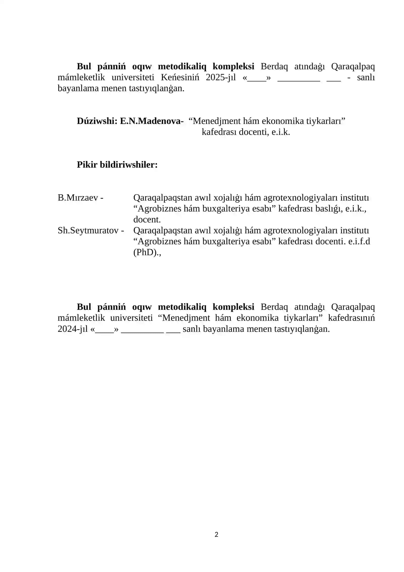 MENEDJMENT HÁM EKONOMIKA TIYKARLARÍ 2