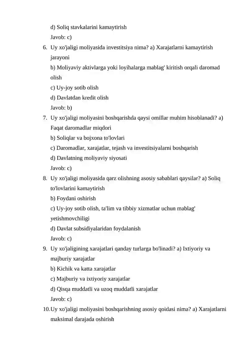Uy xo'jaligi moliyasi test 2