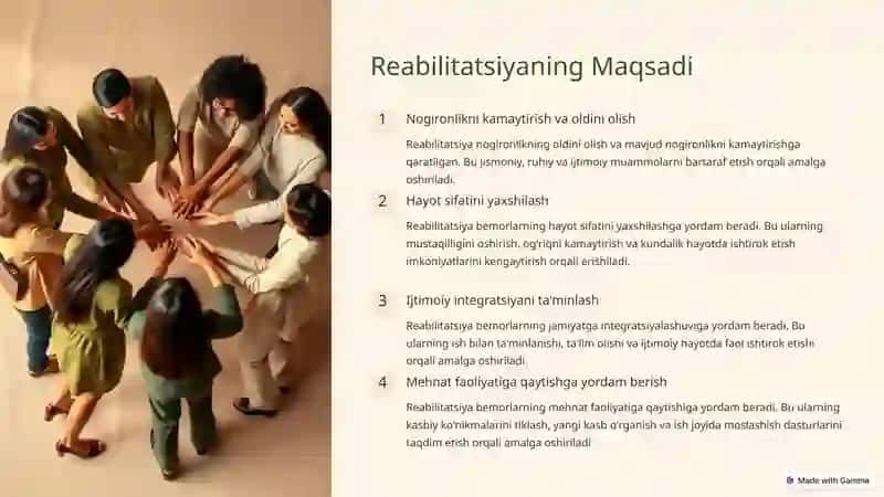 Reabilitatsiya - bu kasallik, jarohat yoki tug'ma nuqsonlar natijasida yo'qolgan yoki buzilgan funksiyalarni tiklashga qaratilgan jarayon. 2