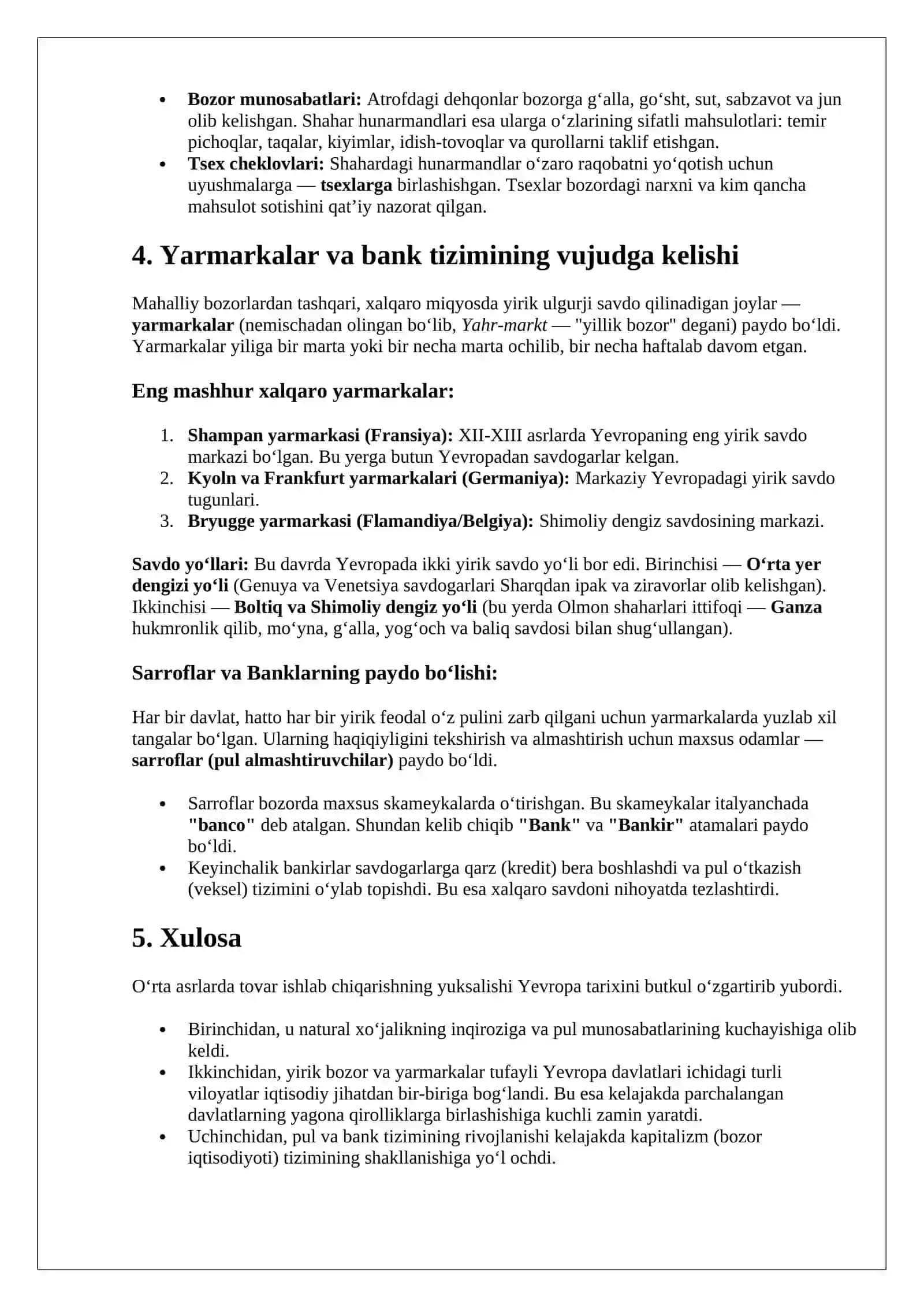 Oʻrta asrlarda tovar ishlab chiqarishning yuksalishi. Bozor va yarmarkalar 2