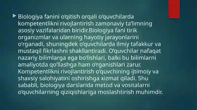 Biologiya fanini o'qitishda kompitentlikni rivojlantirish 2