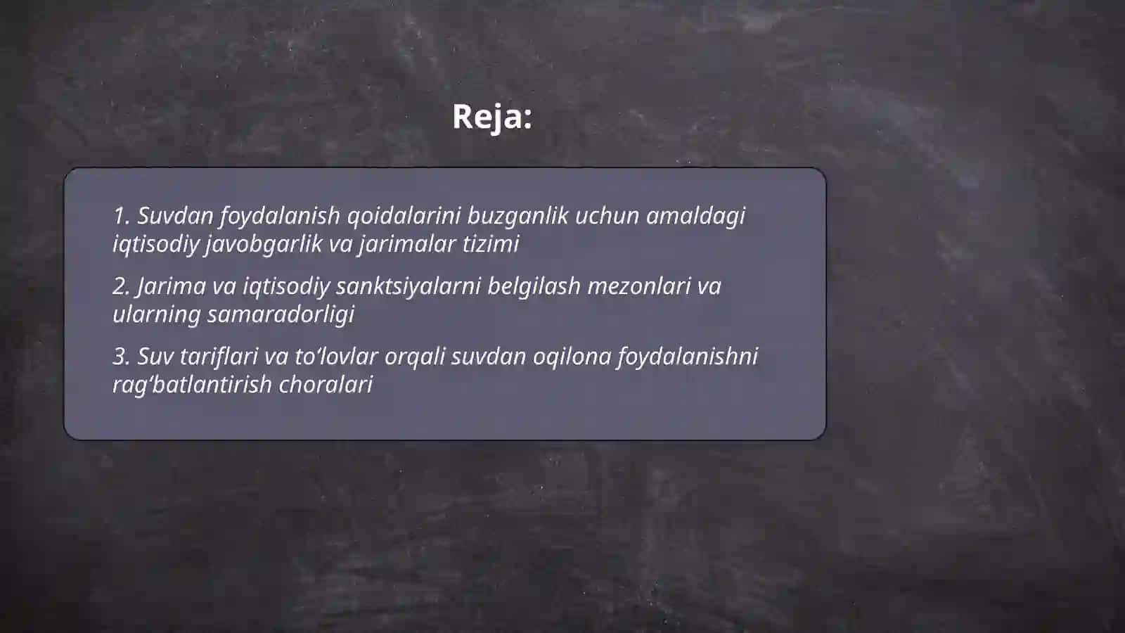Suvdan foydalanish qoidalarini buzganligi uchun belgilangan iqtisodiy choralarni va suvdan foydalanishdagi asosiy muammolar va vazifalarini o‘rganish 2
