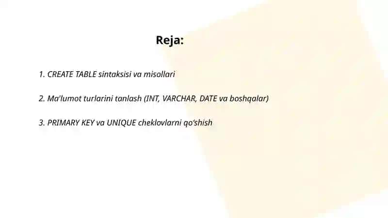 SQL da jadval yaratish, ma'lumot joylash 2