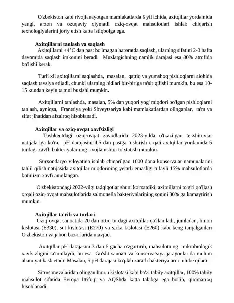 Achitqilarni oziq-ovqat sanoatida tutgan oʻrni 2