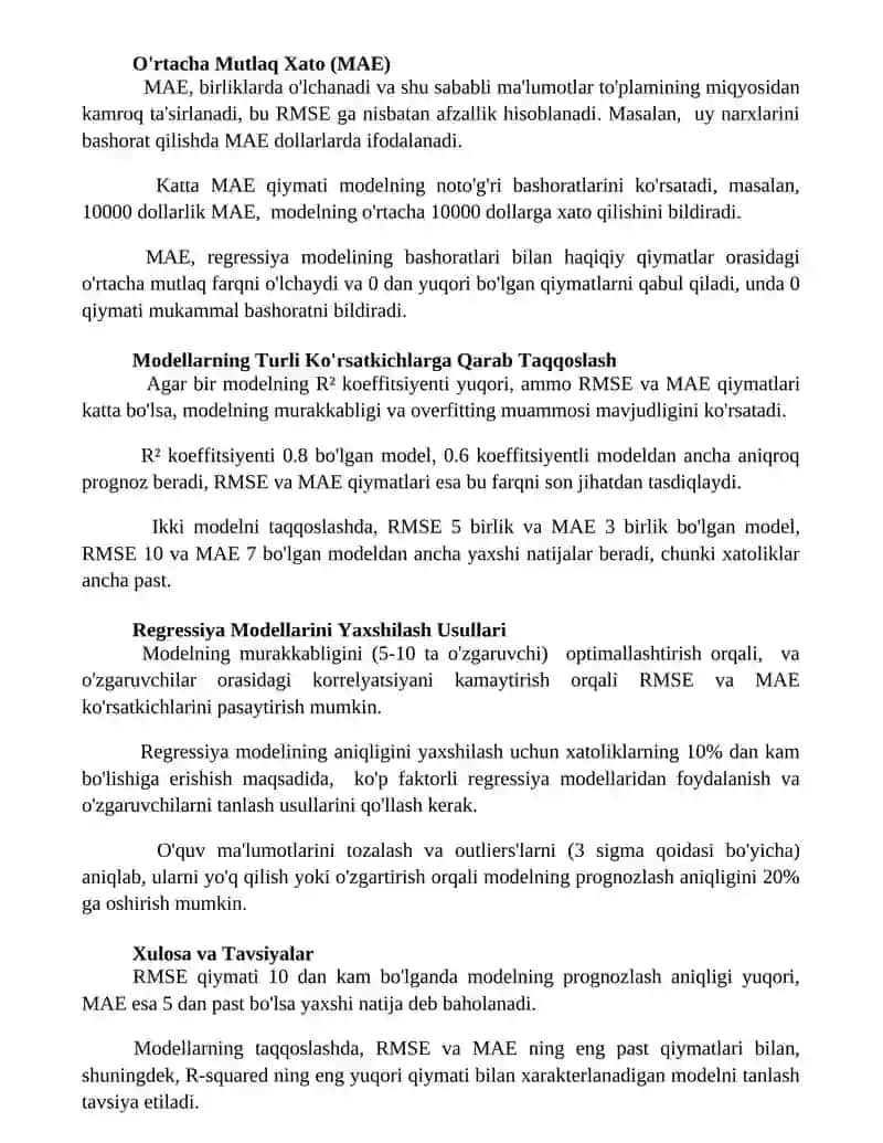 Regression modelni baholash ko‘rsatkichlari: R-kvadrat, RMSE, MAE 2