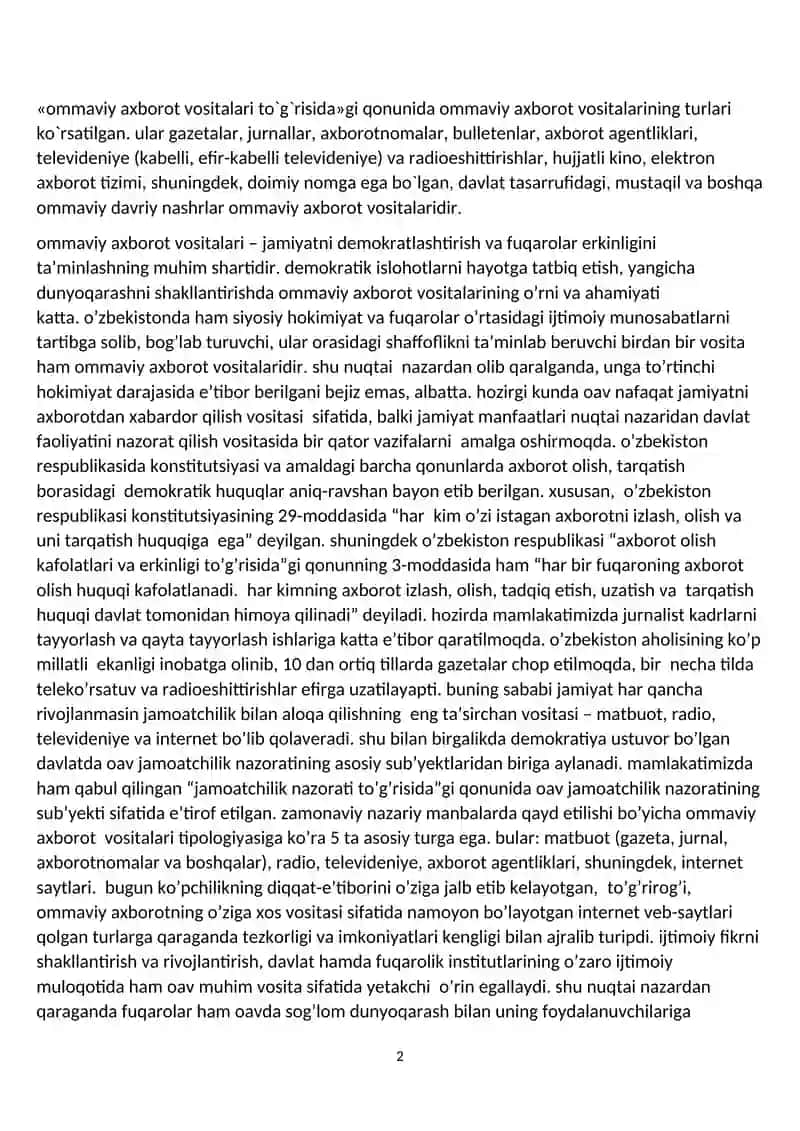 O‘zbekiston Respublikasida ommaviy axborot vositalarining faoliyati 2