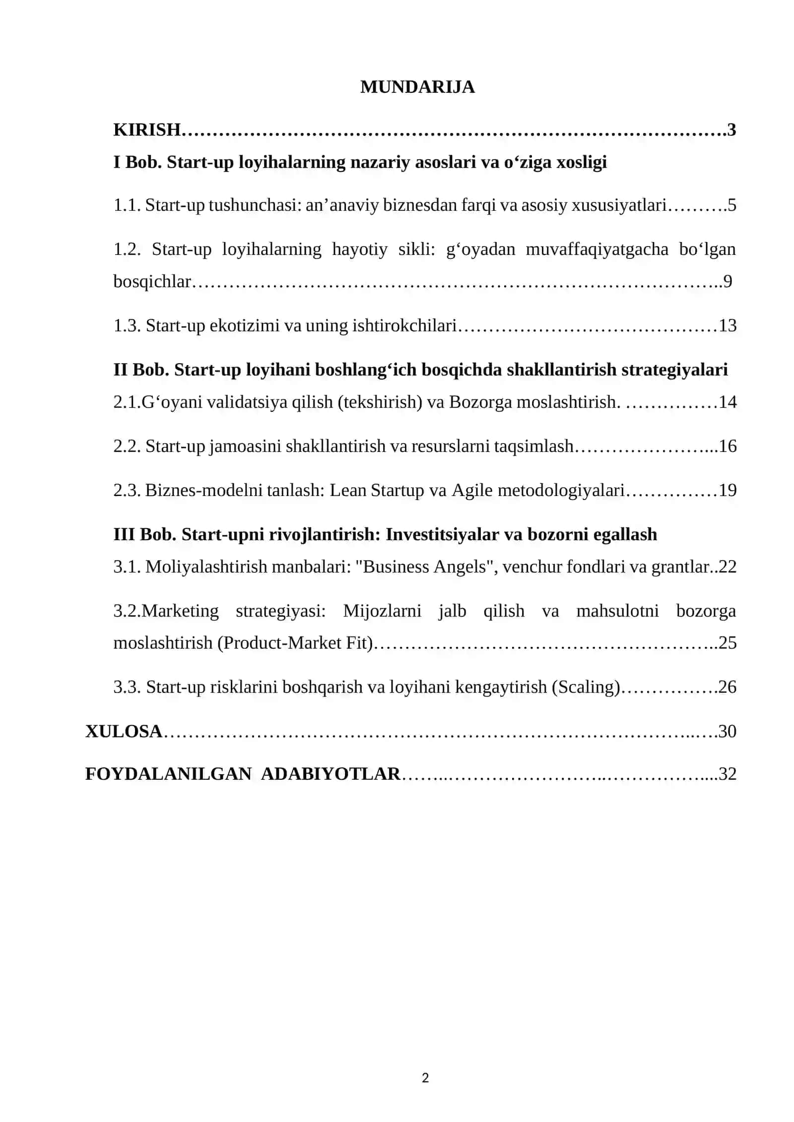 START-UP loyihalarni boshqarish 2