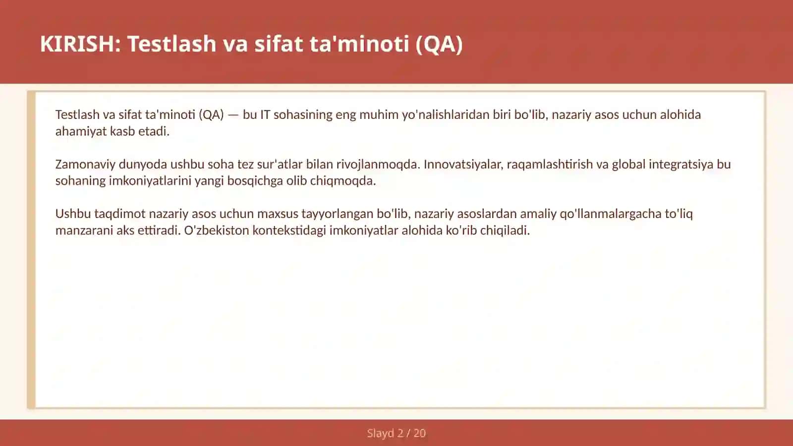 Testlash va sifat ta'minoti (QA) 2