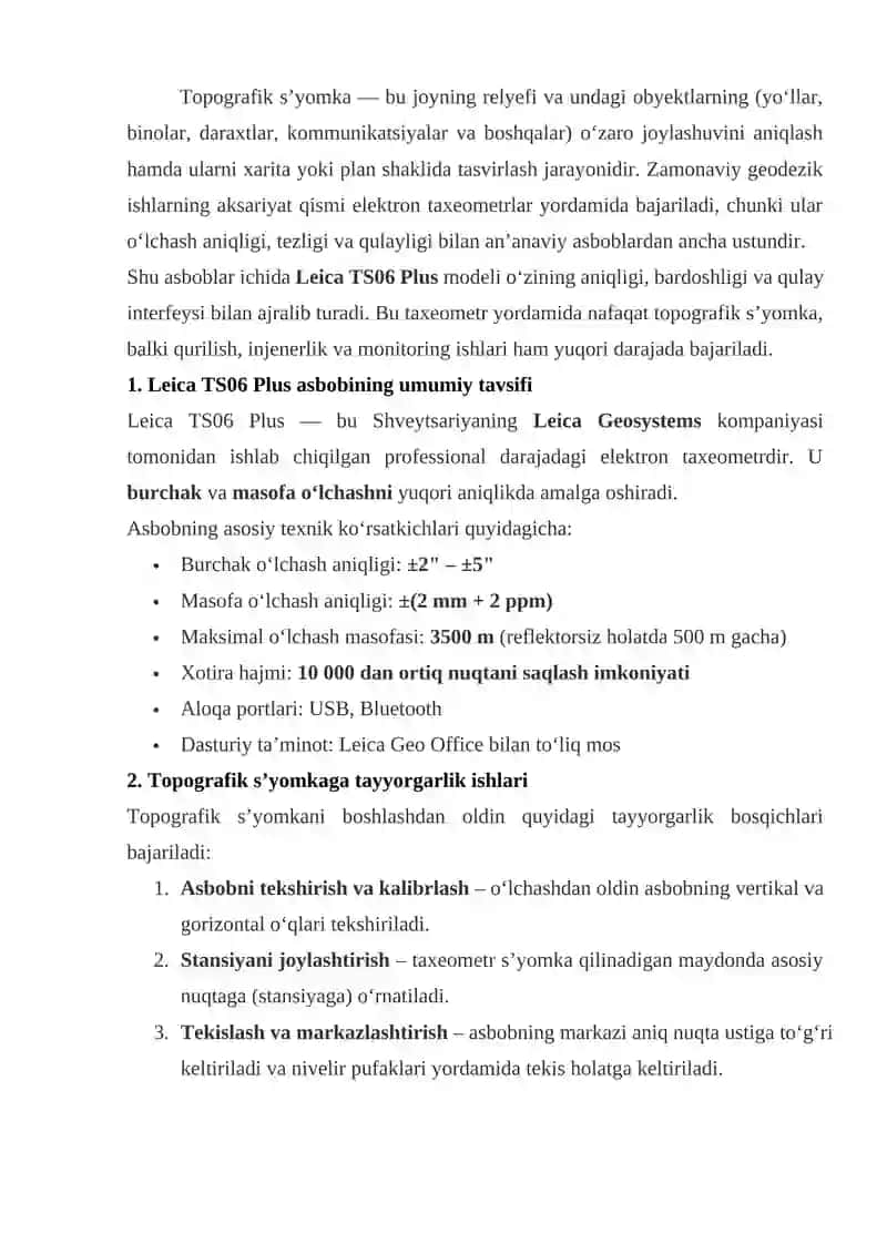 LEICA TS 06 PLUS ELECTRON TAXEOMETRIDA TOPOGRAFIK S'YOMKA ISHLARINI BAJARISH 2