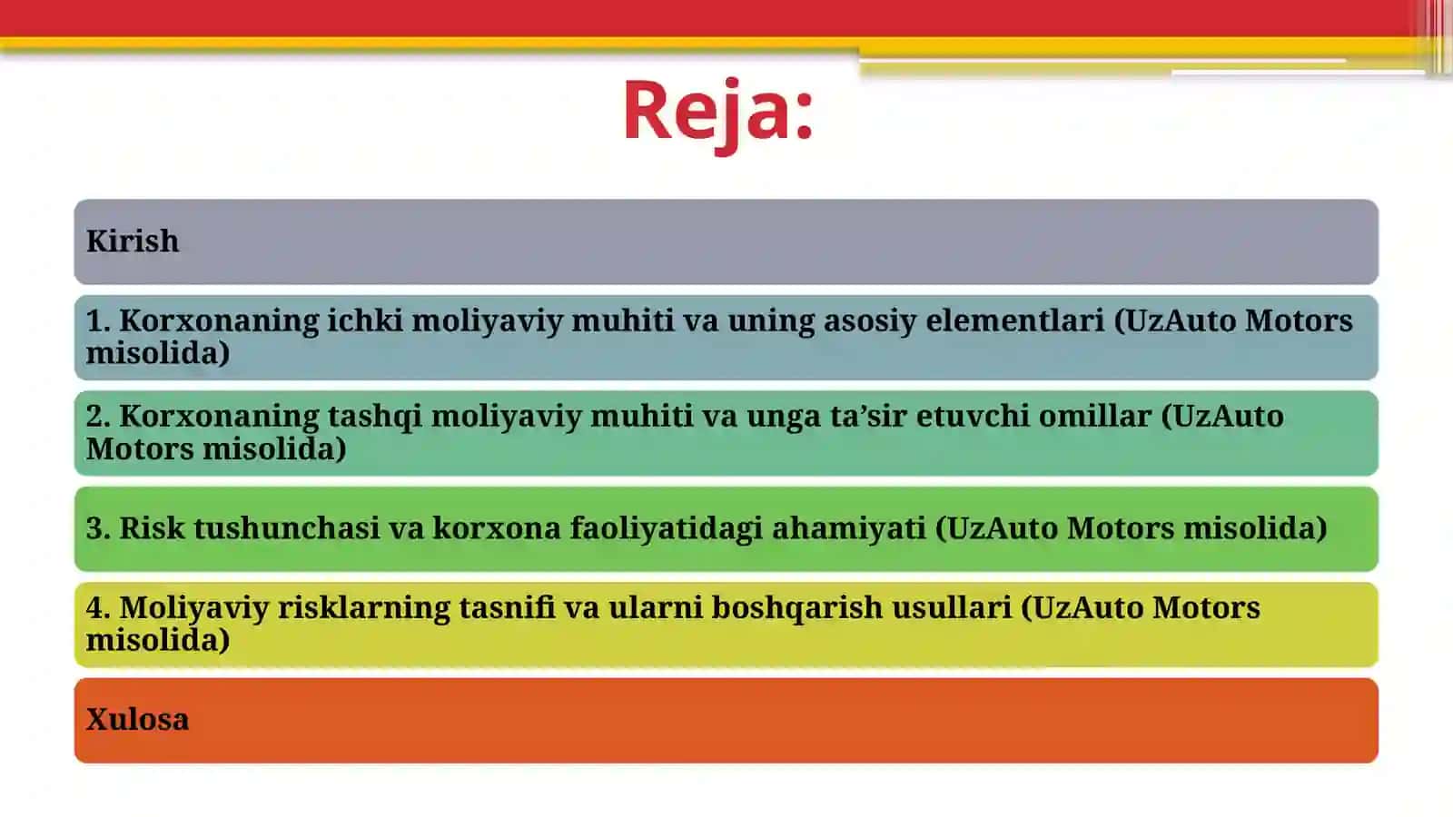 Korxonaning tashqi va ichki moliyaviy muhiti tahlili. Risk tushunchasi va tasnifi 2