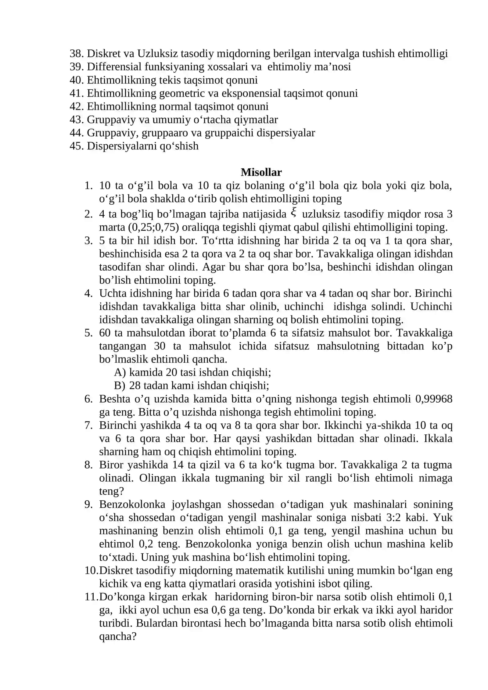 EHTIMOLLAR NAZARIYASI VA MATEMATIK STATISTIKA 2