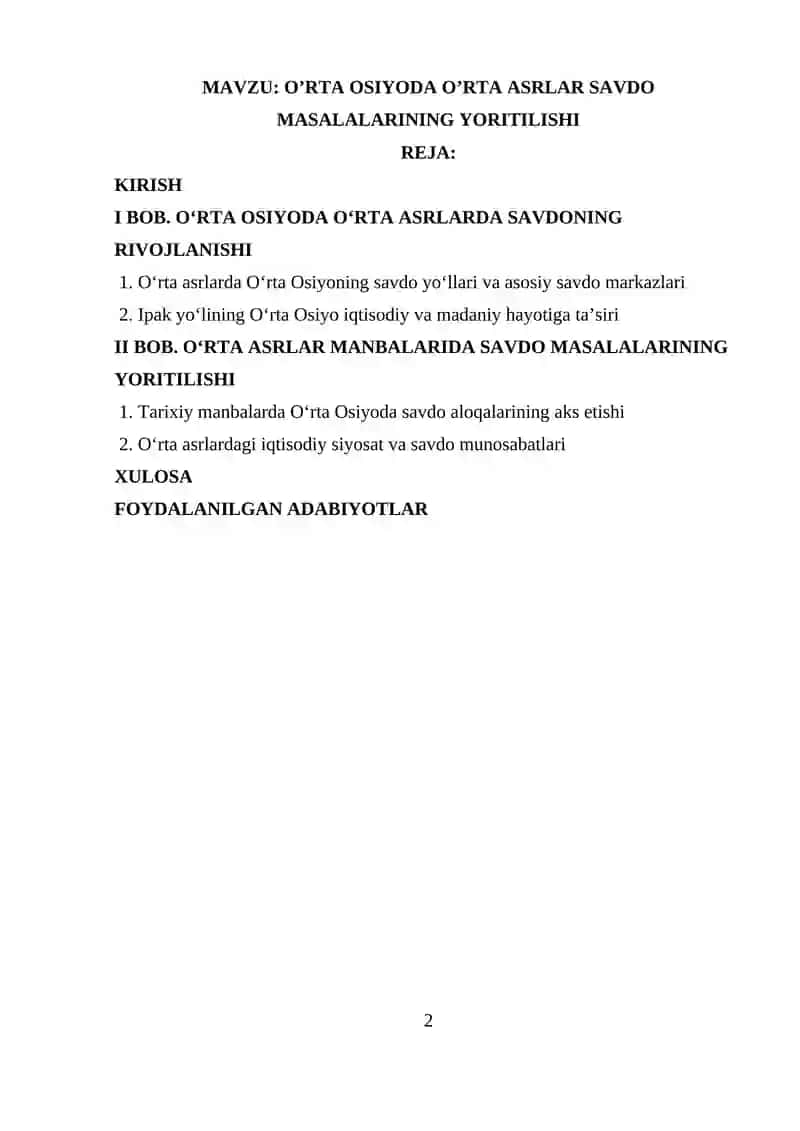 ÖRTA OSIYODA ÖRTA ASRLAR SAVDO MASALALARINING YORITILISHI 2