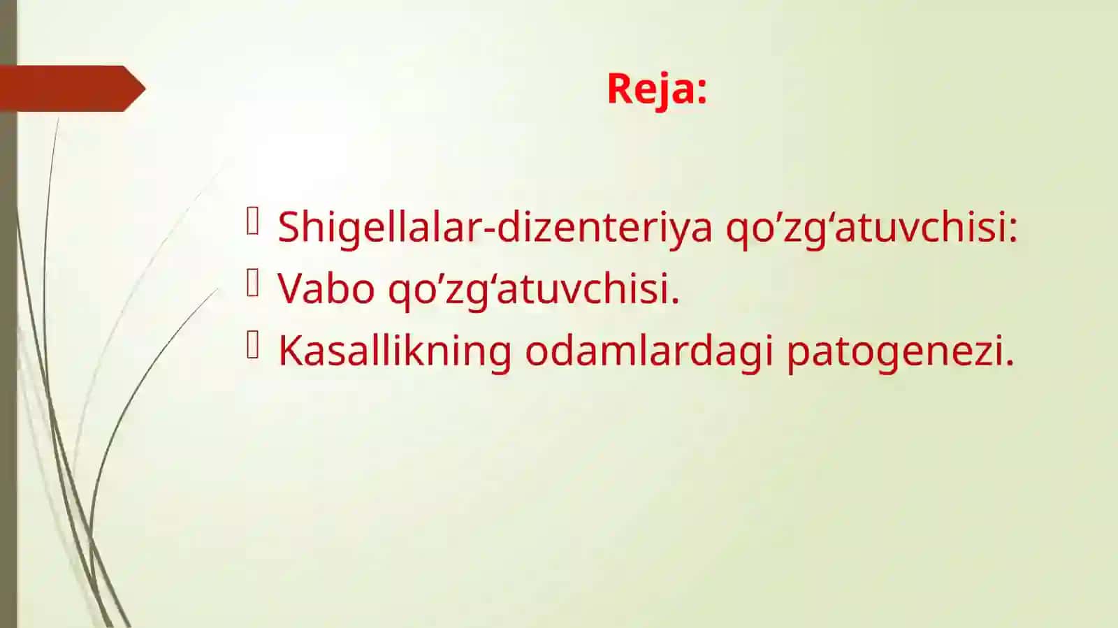 Bakterial tabiatli ichak infeksiyalarining qo‘zg‘atuvchilari, shigelliyozlar va vabo qo‘zg‘atuvchilari. Taksonomiyasi. Asosiy biologik  xususiyatlari, inson patologiyasidagi roli. Mikrobiologik diagnostikasi, maxsus profilaktikasi. 2