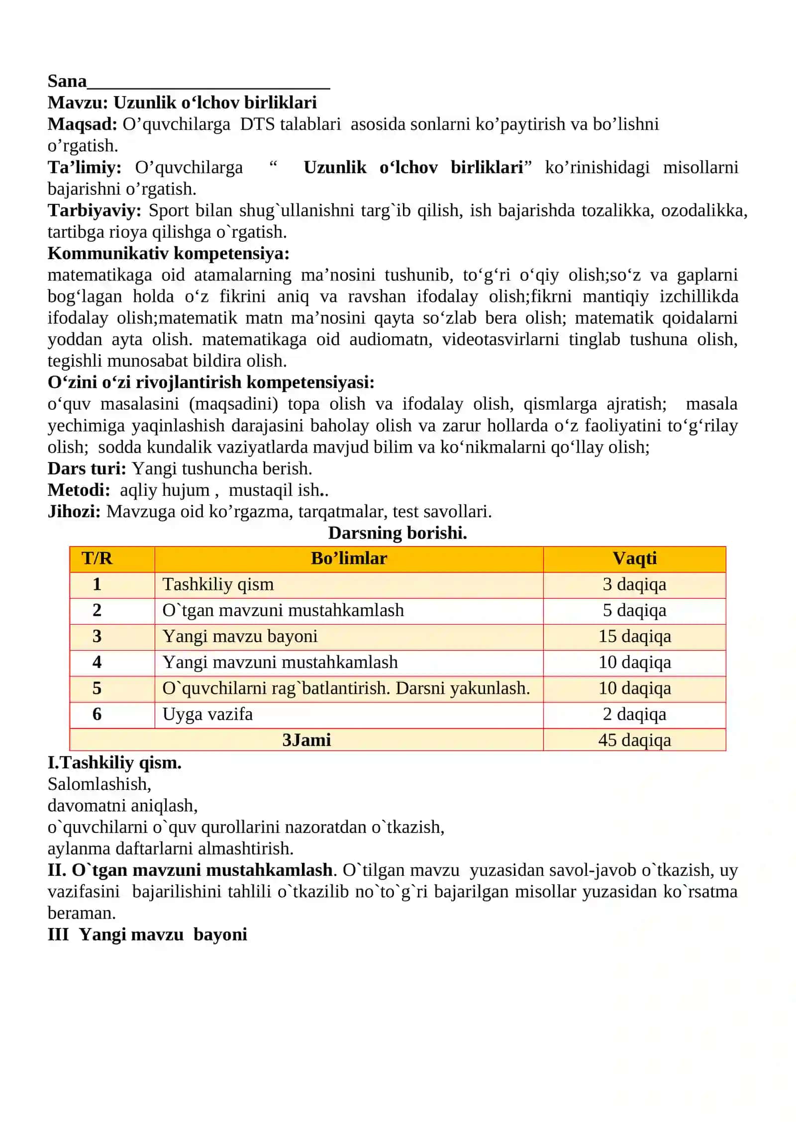 Uzunlik o‘lchov birliklari dars ishlanmasi 2
