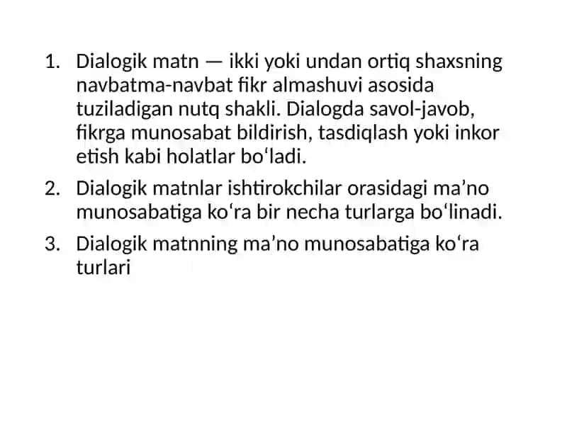 Dialogik matnning ma’no munosabatiga ko‘ra turlari 2