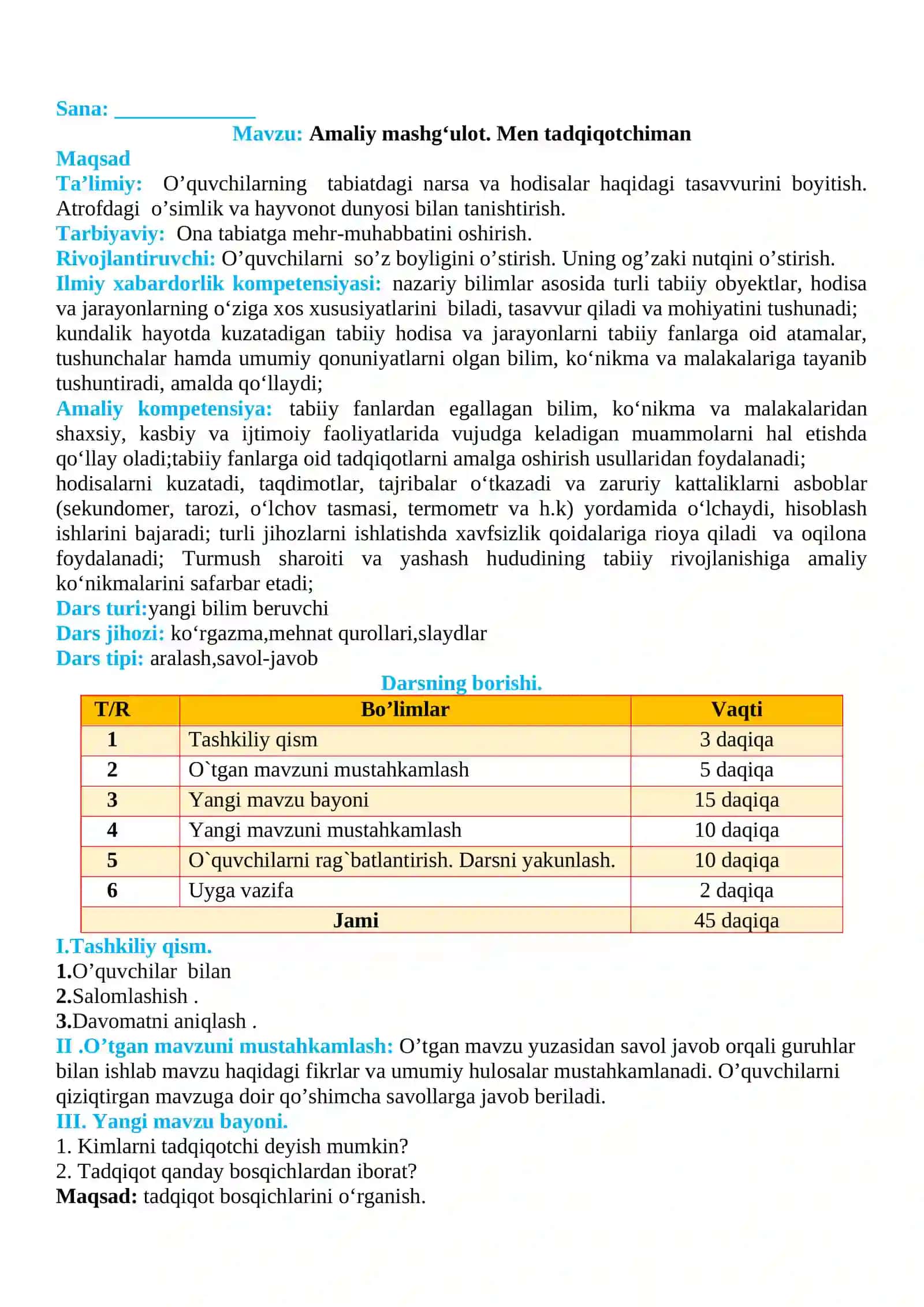 3-sinf Tabiiy fan (Science) Men tadqiqotchiman mavzusida dars ishlanma 2