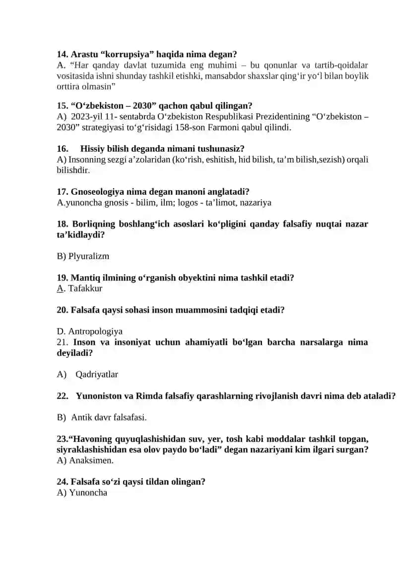 FALSAFA Fanidan Yakuniy Nazorat Savollari 2