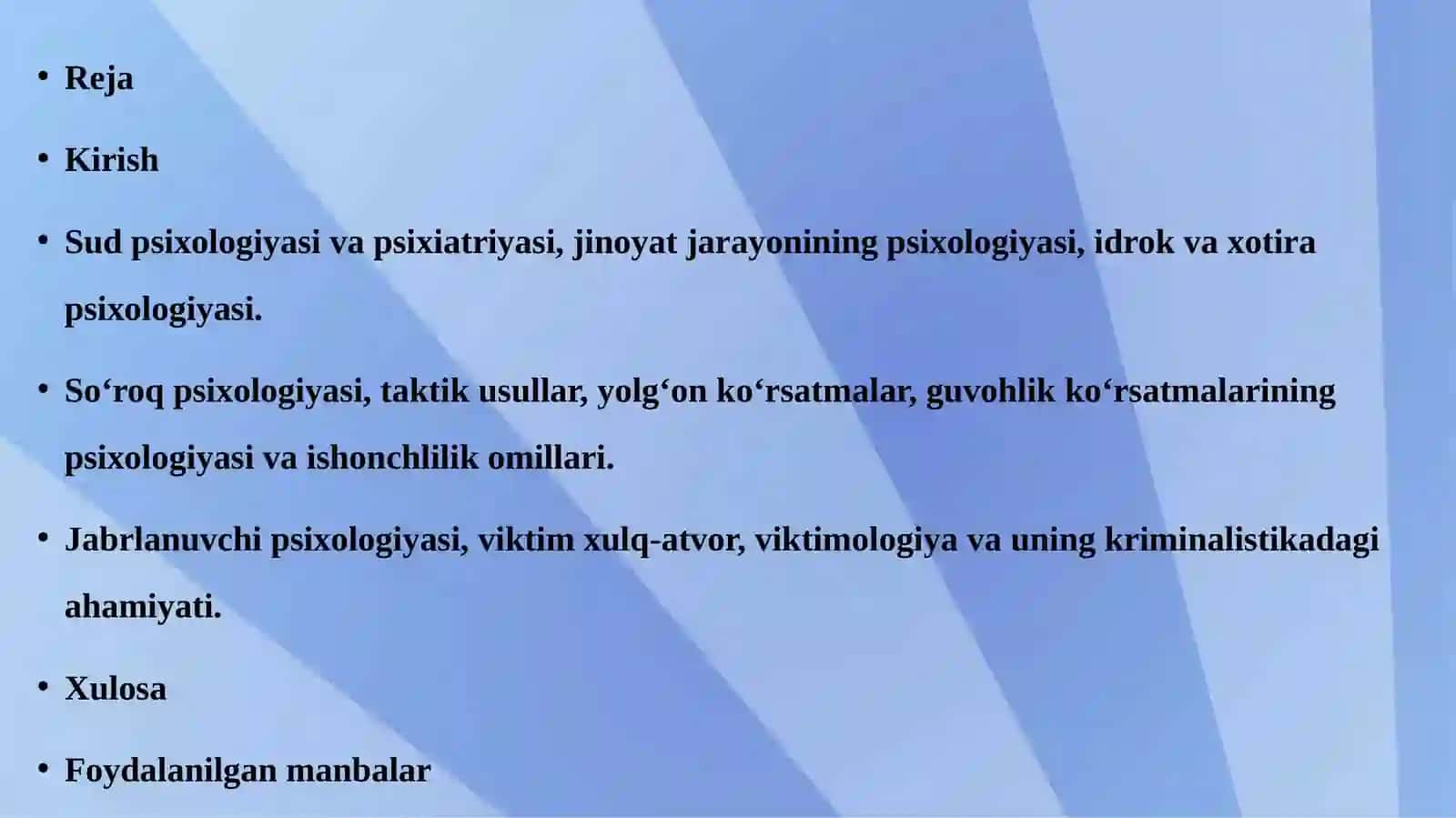Jinoyat jarayoning psixologiyasi. So‘roq psixologiyasi. Taktik usullar, yolg‘on ko‘rsatm 2