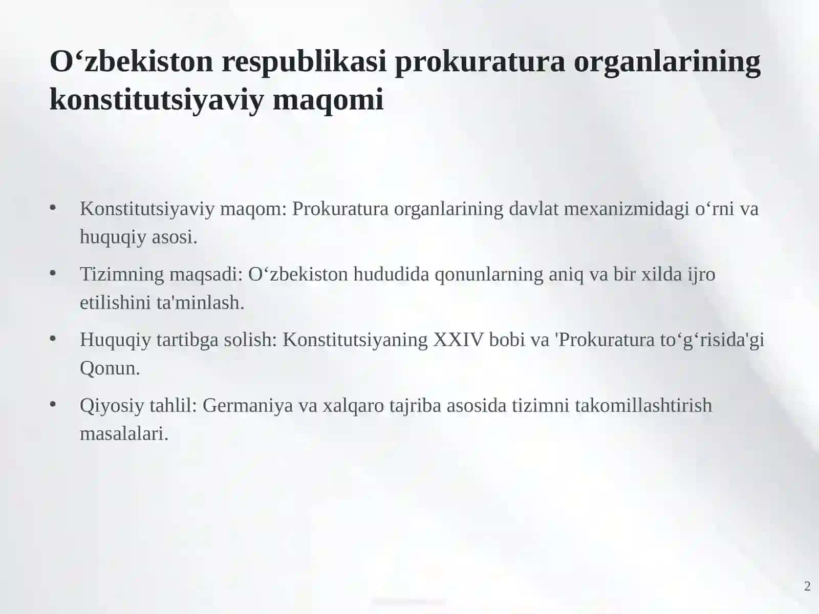 O‘zbekiston Respublikasi prokuratura organlarining konstitutsiyaviy maqomi Germaniya tajribasi bilan qiyosiy tahlil 2