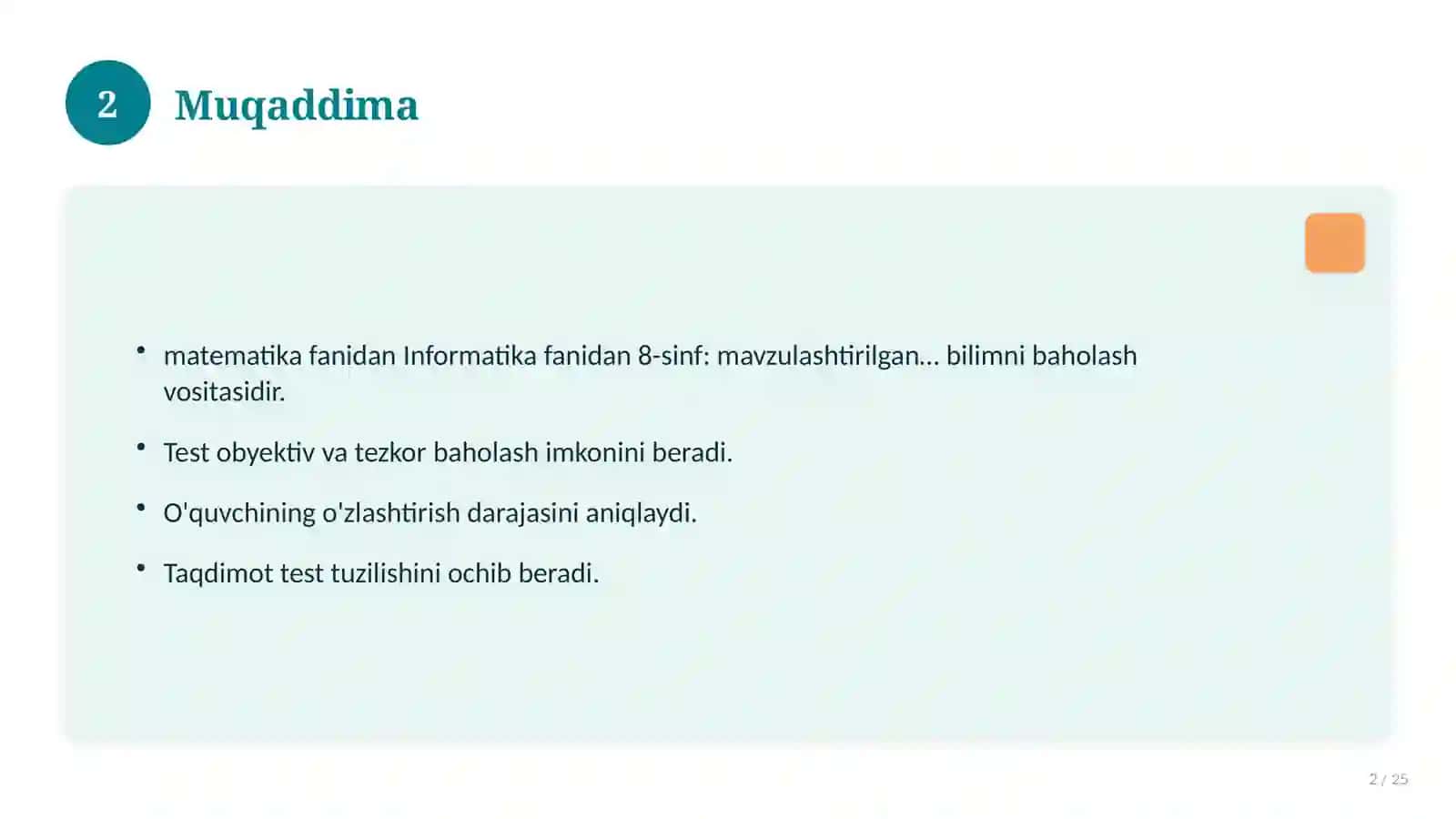 Informatika fanidan 8-sinf: mavzulashtirilgan nazorat ishi va tahlil 2