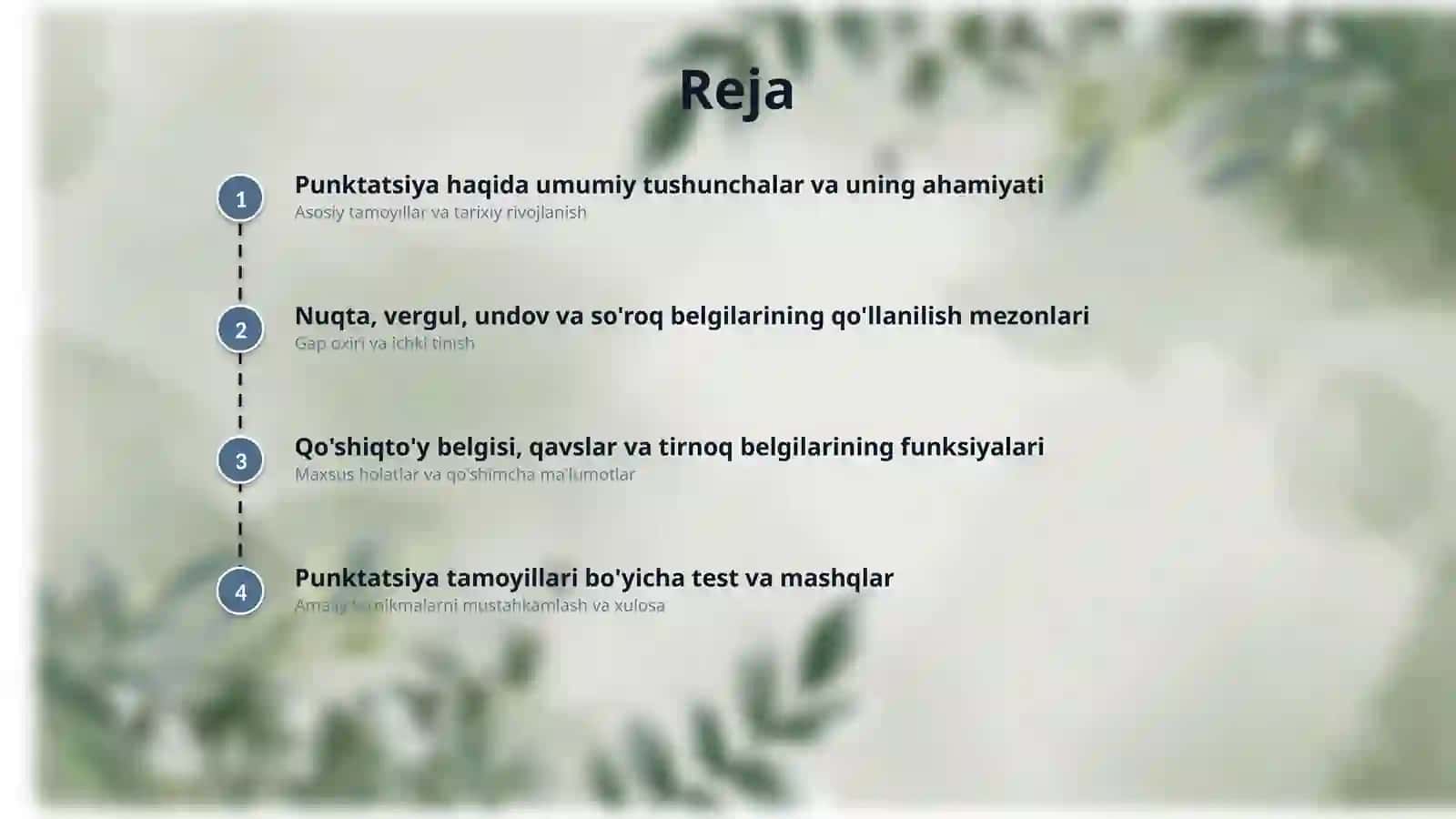 Mavzu:Punktatsiya haqida umumiy malumot. Punktatsiya tamoyillar bòyicha savol -javob òtkazish test va mashqlar bajarish. 2
