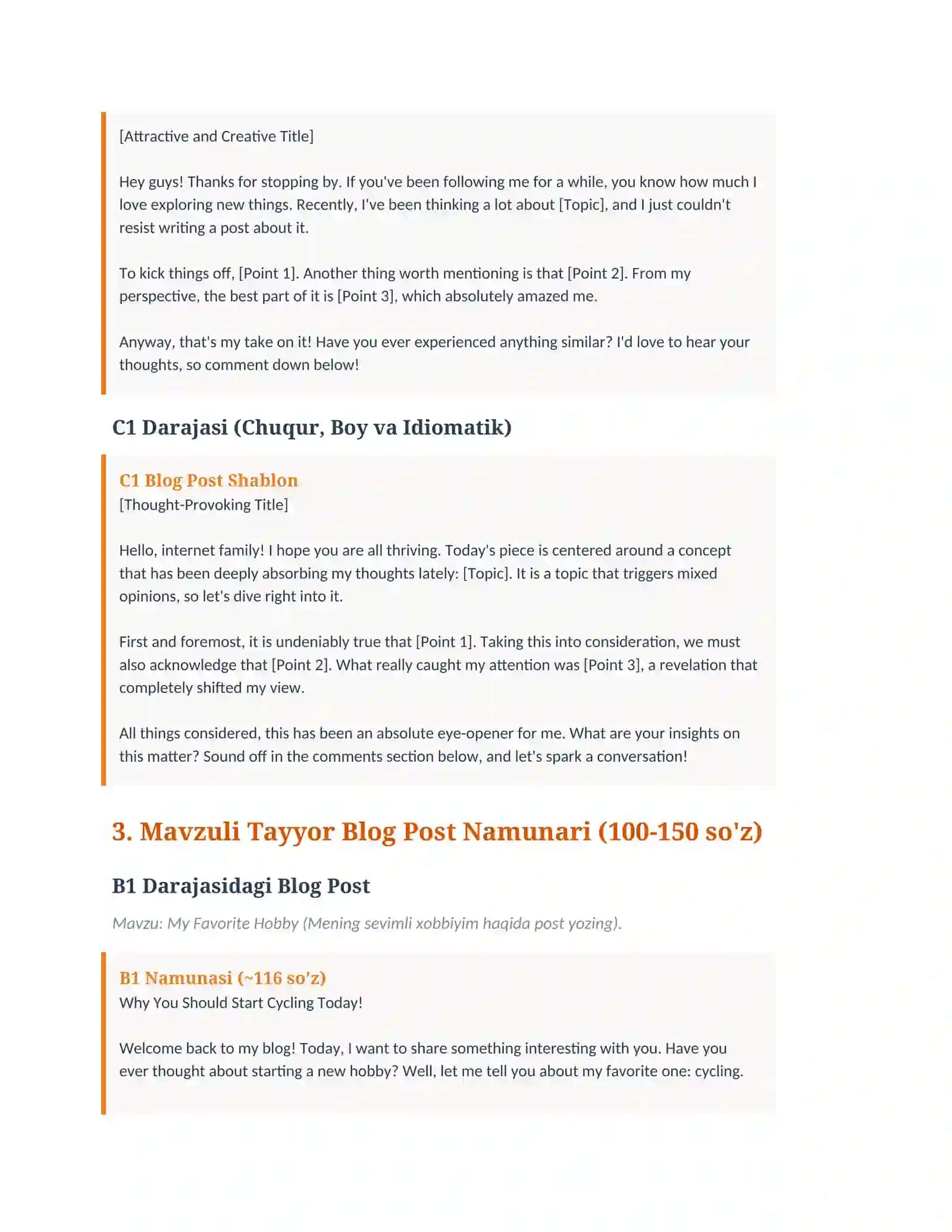 Yangilangan Formatdagi Blog Post Shablonlari va Namunari (B1, B2, C1) 2