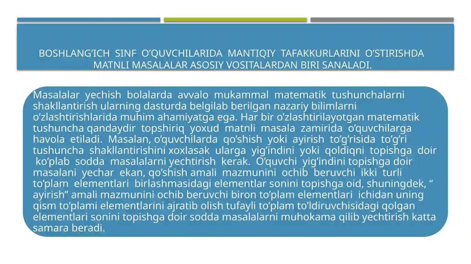 Boshlang’ich sinf o’quvchilarida mantiqiy tafakkurni o’stirishda matnli masalalar 2