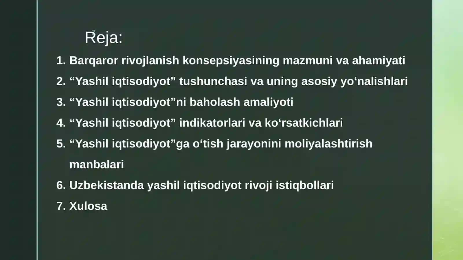Yashil iqtisodiyot. Barqaror rivojlanish kontsepsiyasi. 2