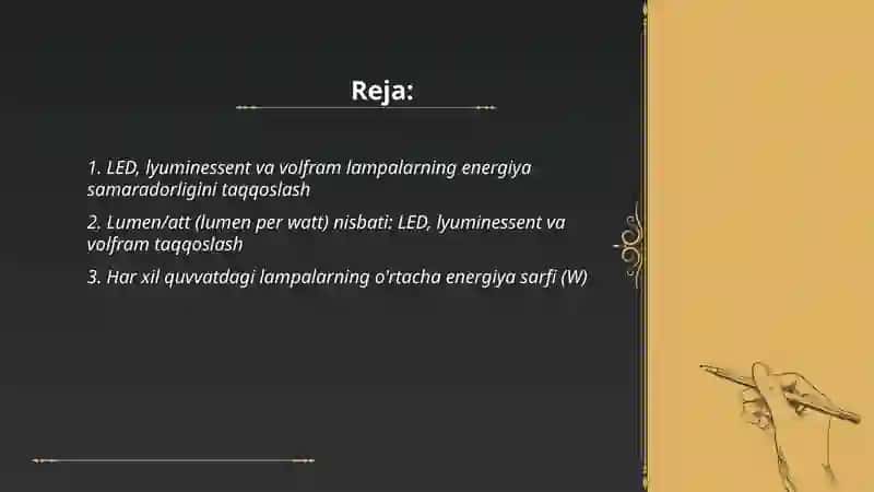 Turli lampalar LED, lyuminessent, volfram energiya sarfini solishtirish 2