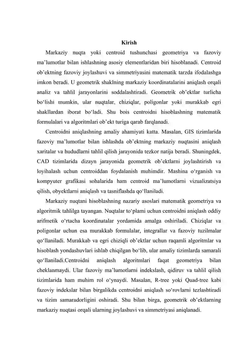 Markaziy nuqtani (centroid) aniqlash usullari: Geometrik ob'ektlar uchun markaziy nuqtani hisoblash algoritmiga nazar 2