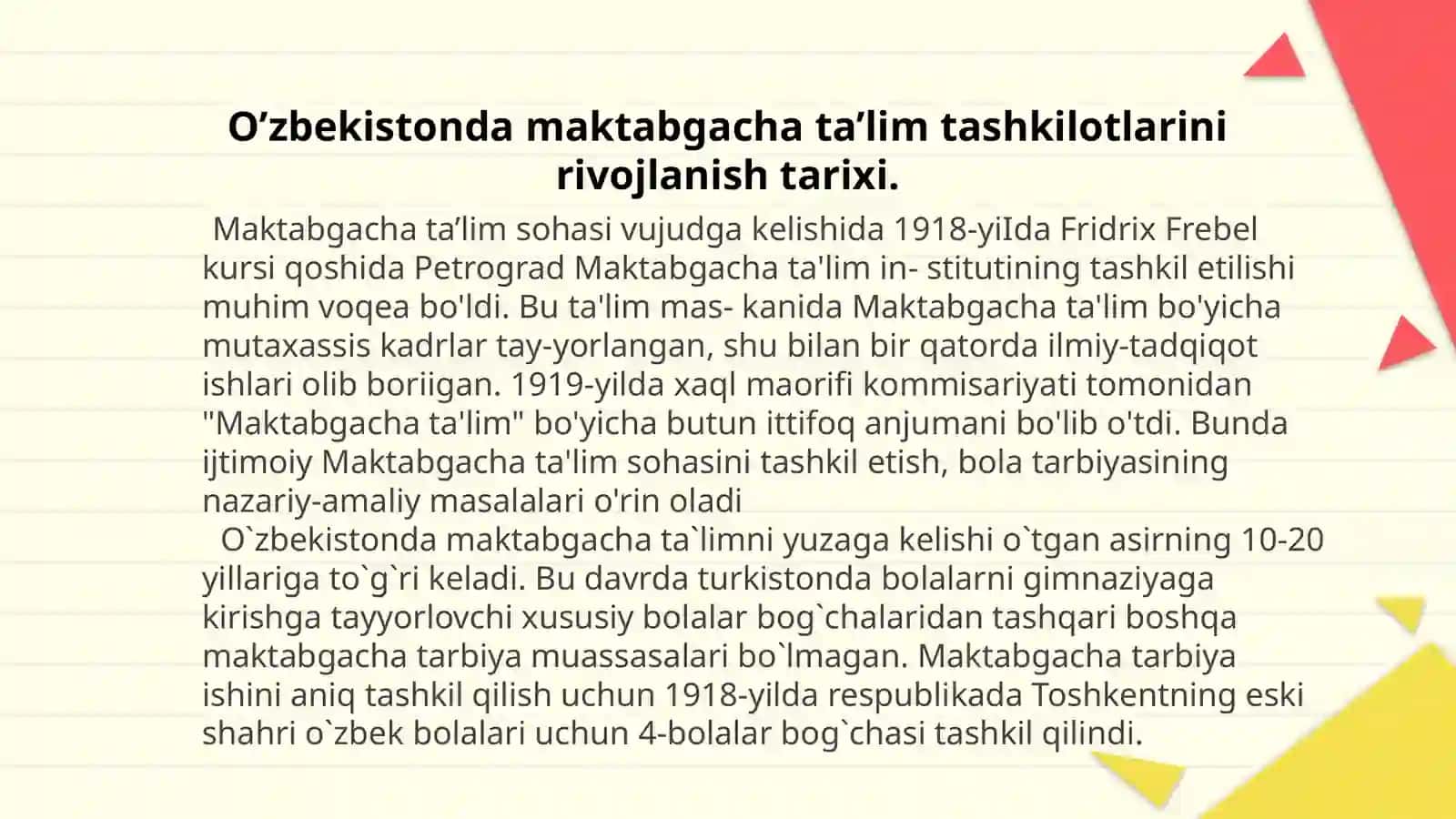 MAKTABGACHA TA’LIM TASHKILOTLARINI PAYDO BO’LISH TARIXI 2
