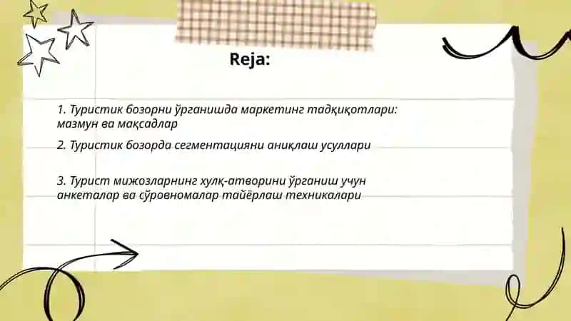 Туристик бозорни ўрганишда маркетинг тадқиқот усуллари 2