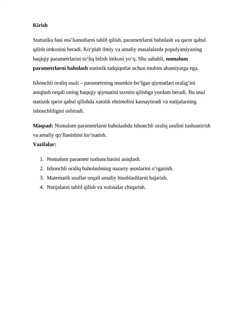 Nomalum parametrlarni baholashning ishonchli oraliq usuli 2