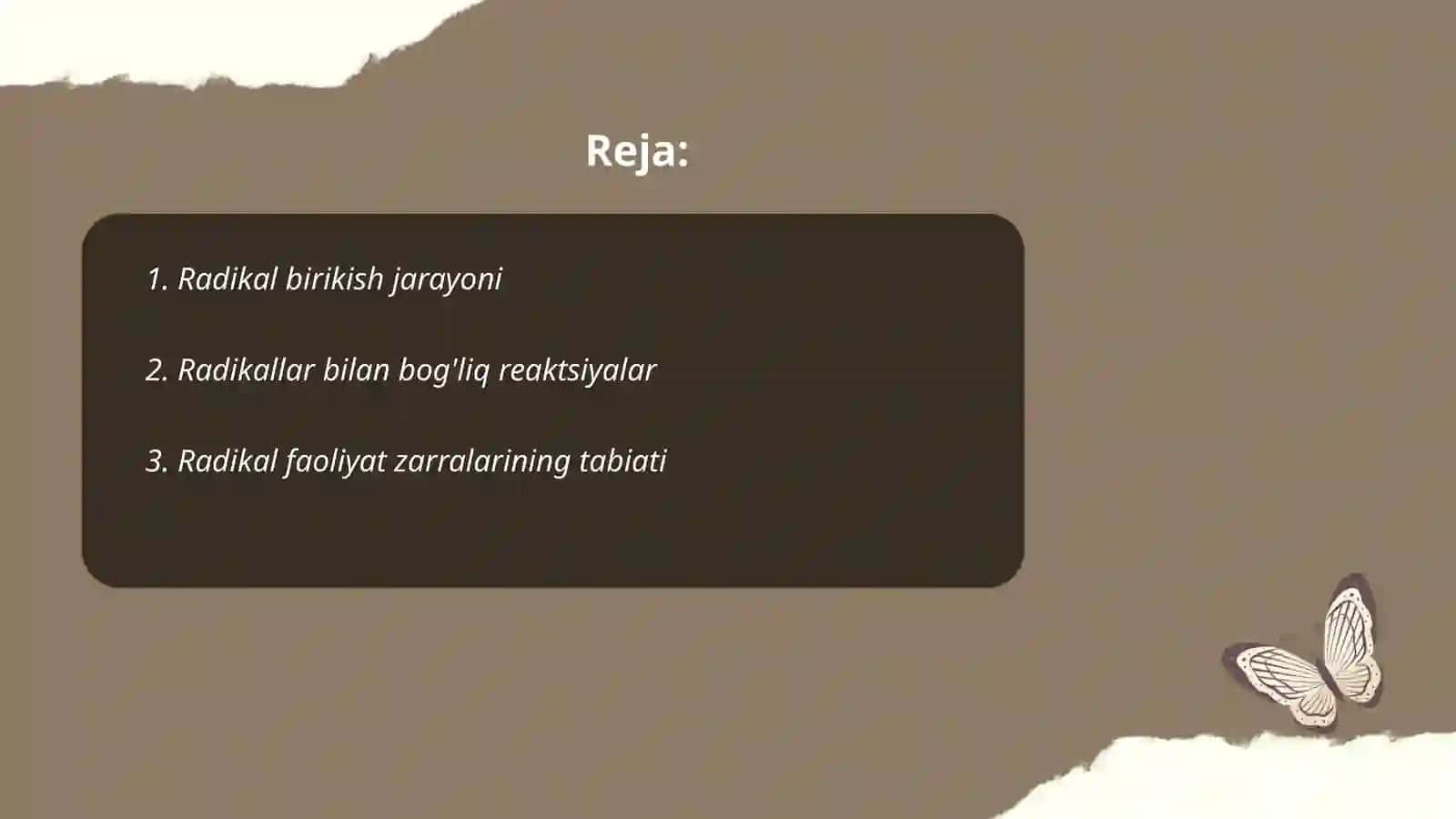 Radikal birikish. Radikal faoliyat zarralar. Xarrash effekti 2
