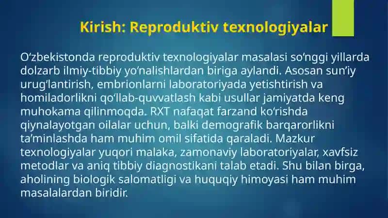 Oʻzbekistonda yangi reproduktiv texnologiyalarni qoʻllash masalasining holati 2