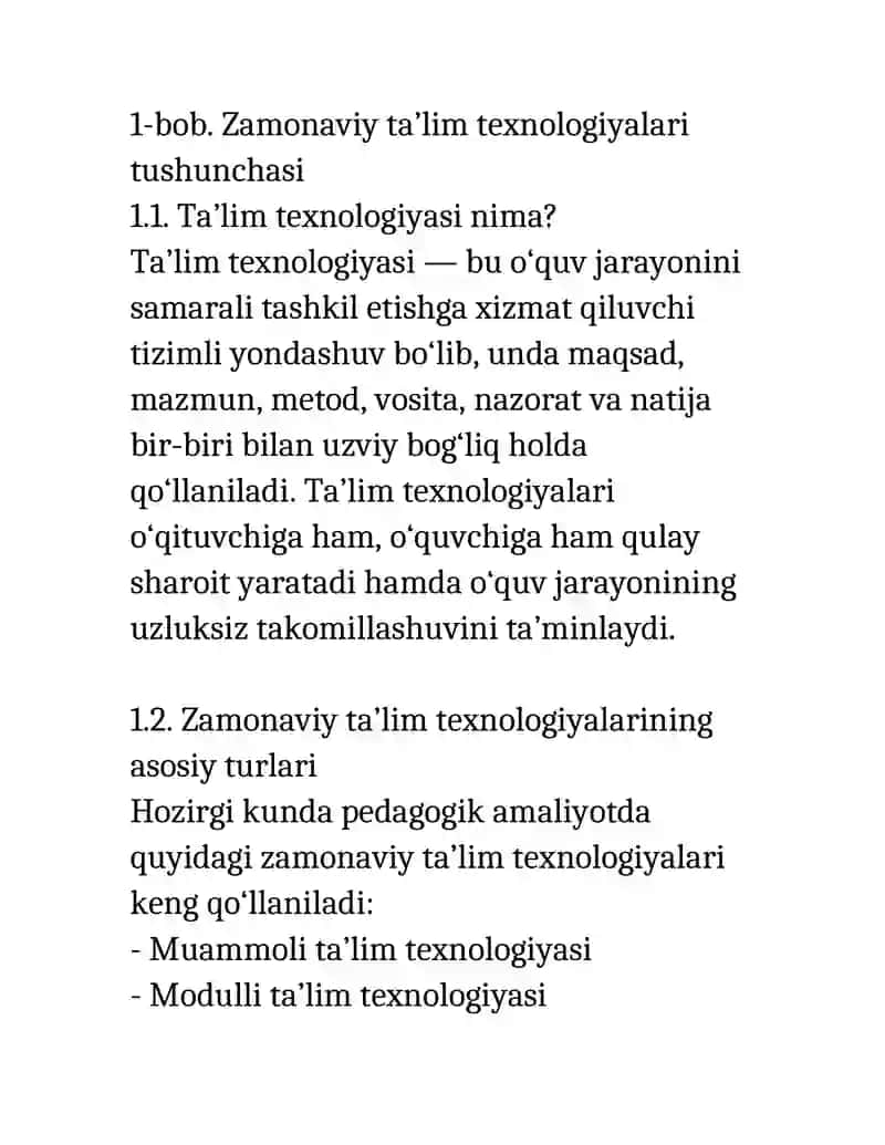 “Pedagogika: Zamonaviy ta’lim texnologiyalari – 12 betlik referat (DOCX)” 2