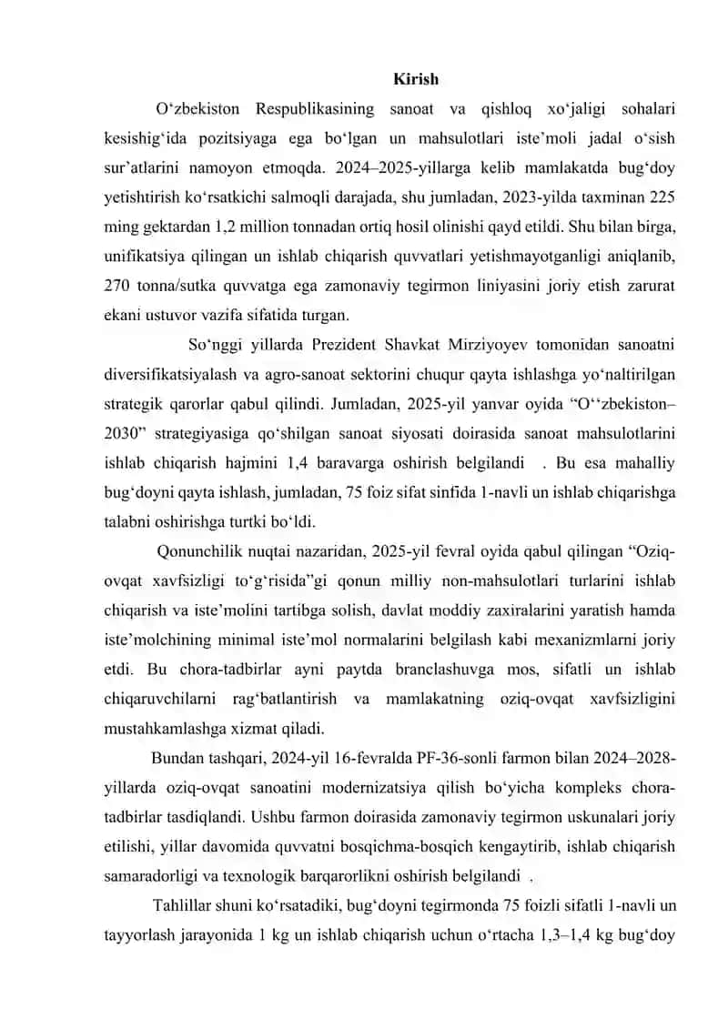 QUVVATI 270 TONNA/SUTKA BO’LGAN TEGIRMONDA 1 NAVLI  75% LI UN ISHLAB CHIQARISH TEXNOLOGIYASINI ISHLAB CHIQISH. 2