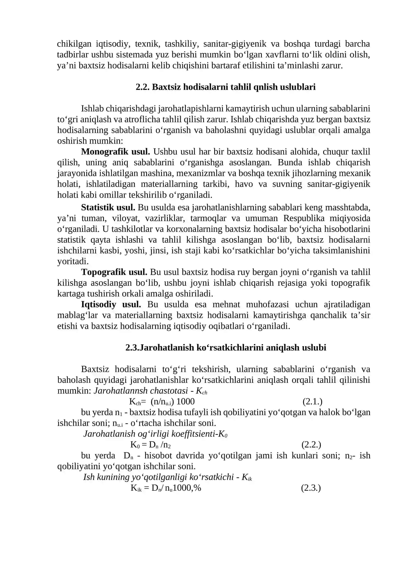 BAXTSIZ HODISALARNI TAHLIL QILISH USLUBLARI VA JAROHATLANISH KO‘RSATKICHLARINI ANIQLASH 2