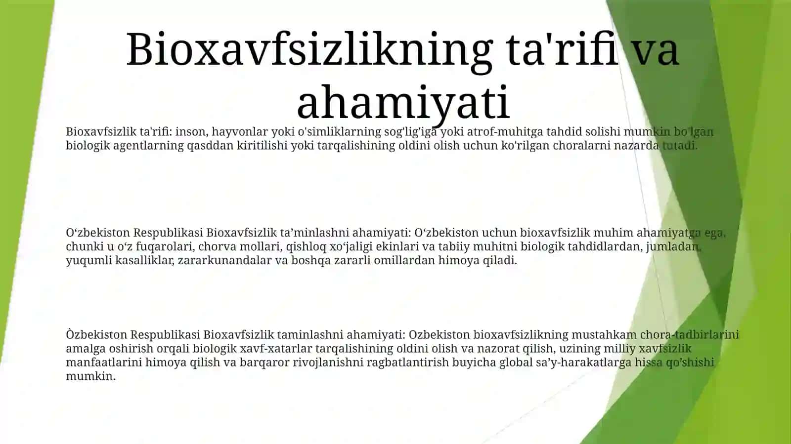 Òzbekiston Respublikasi BioxavfsizlikTaminlashniAhamiyati 2