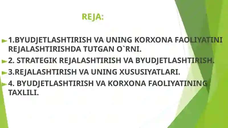 BYUDJETLASHTIRISH VA UNING KORXONA FAOLIYATINI REJALASHTIRISHDA TUTGAN O`RNI 2