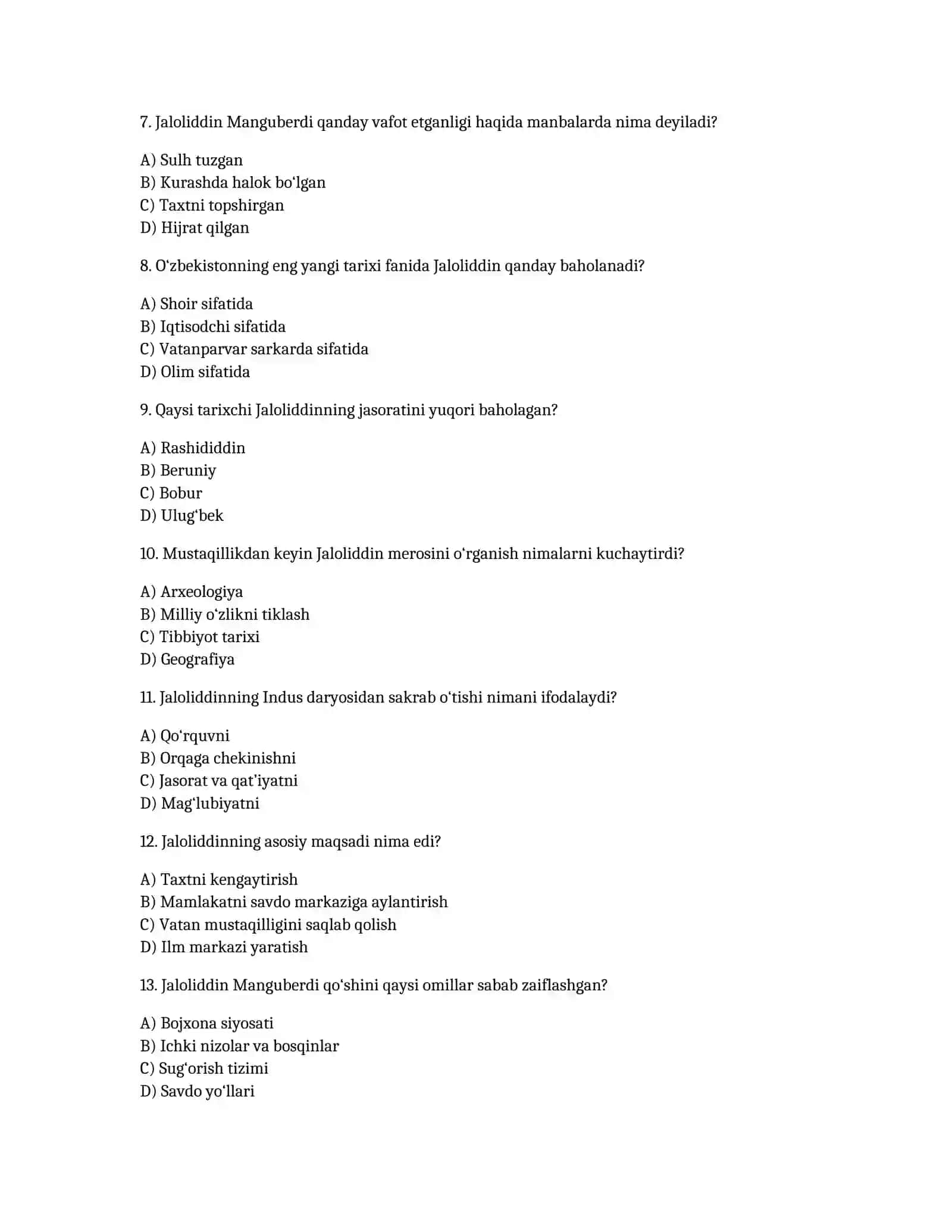 Jaloliddin Manguberdi Vatan Himoyachisi Test Savollari 2