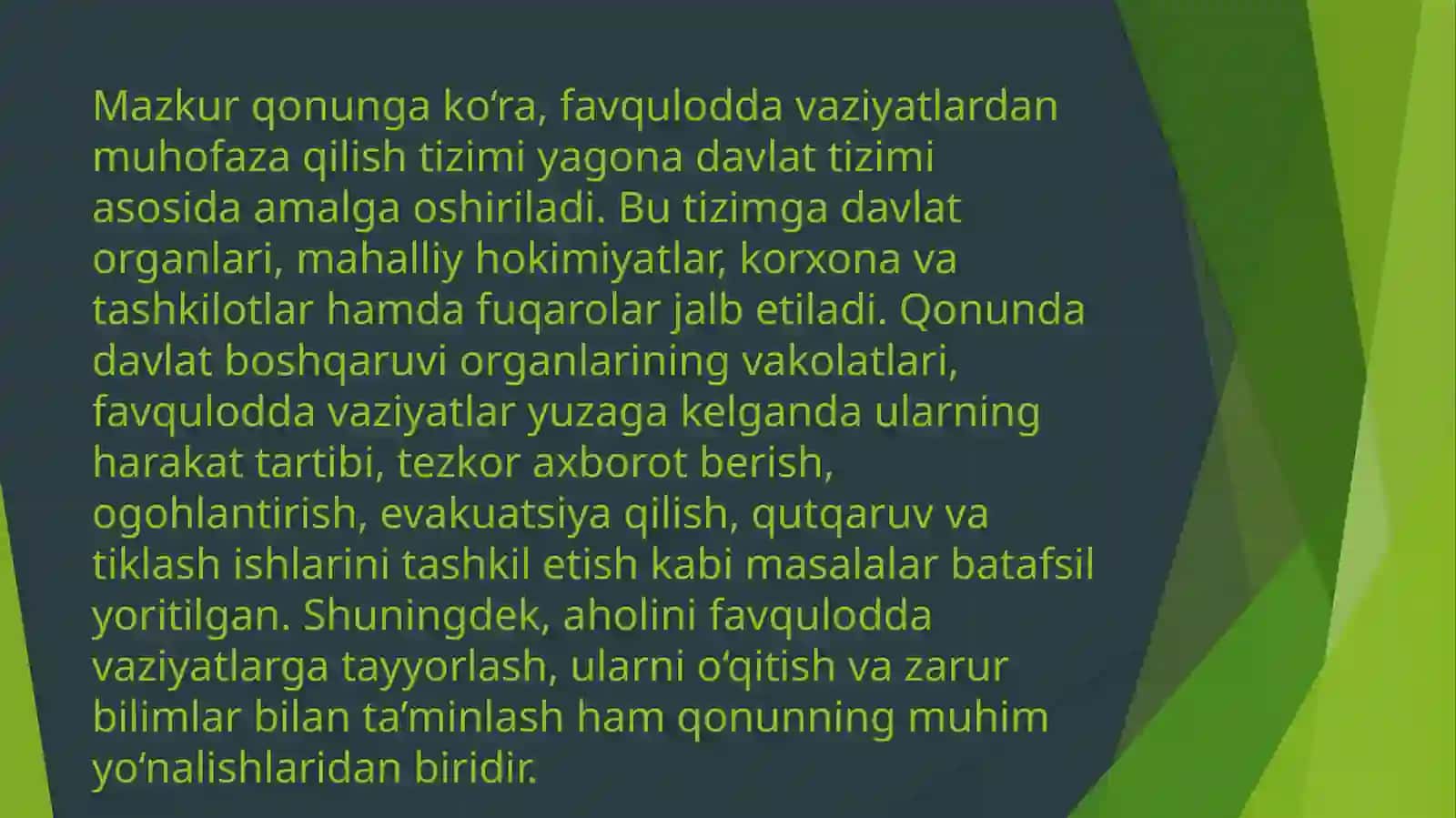 Aholini va hududlarni tabiiy hamda texnogen xususiyatli favqulodda vaziyatlardan muhofaza qilish to‘g‘risida 2