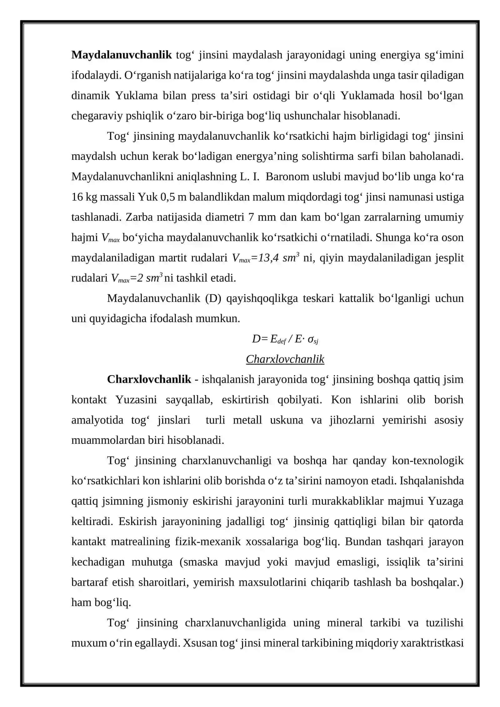 Togʻ jinsining kon-texnologik paramerlari. Maydalanuvchanlik va charxlovchanlik 2