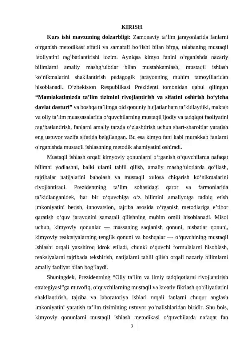 Kimyoviy qonunlarni mustaqil ishlash orqali o‘rganish metodikasi 2