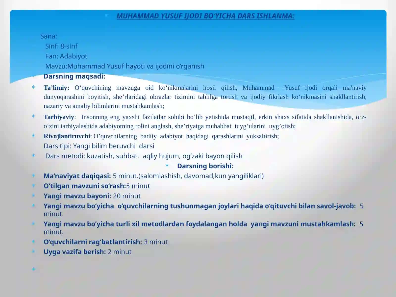 Muhammad Yusuf Ijodi Bo‘yicha Dars Ishlanma 2
