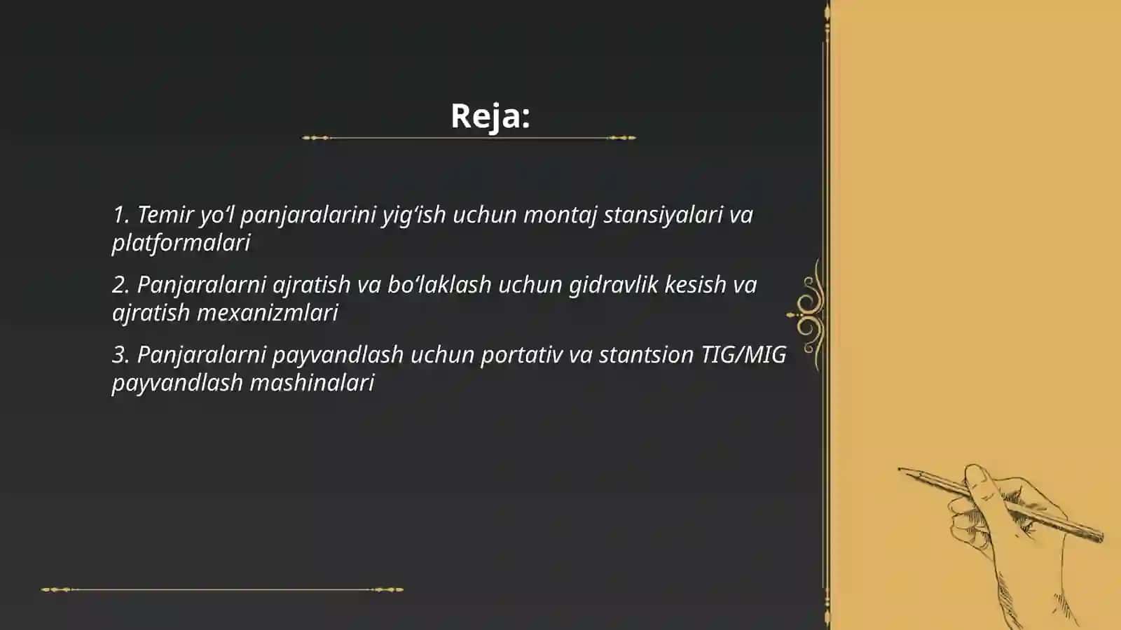 Temir yoʻl izi panjaralarini yigʻish, ajratish va payvandlash ishlarini bajarishda ishlatiladigan mashina mexanizmlar 2