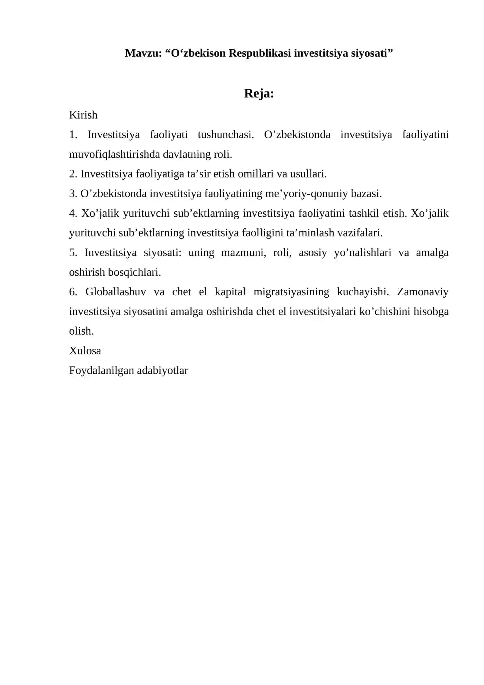 O'zbekiston Respublikasi Investitsiya siyosati 2