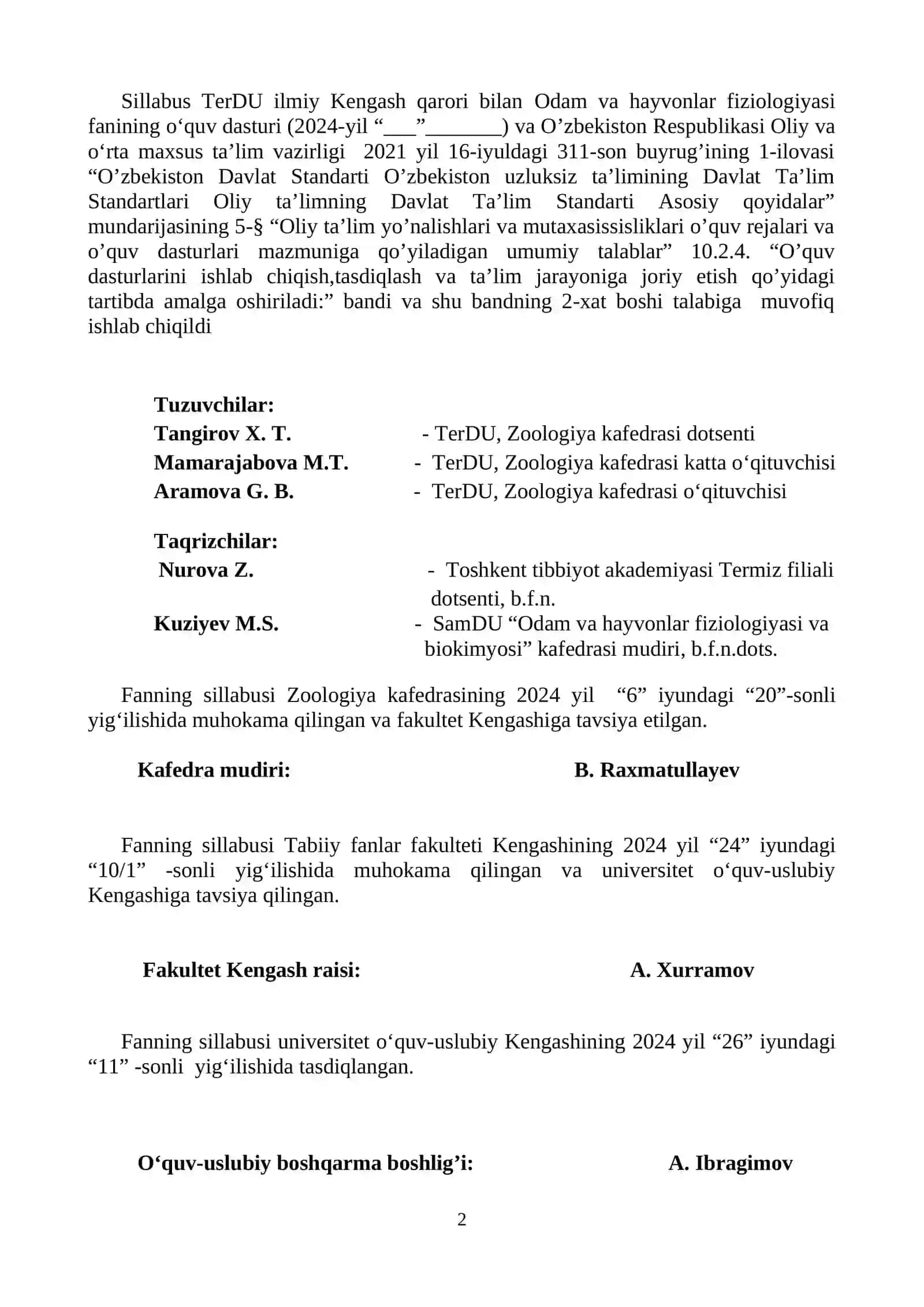 ODAM VA HAYVONLAR FIZIOLOGIYASI SILLABUS 2