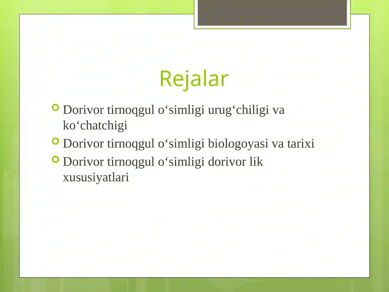 Agrolagistika va biznes dorivor o’simliklarni yetishtirish va qayta ishlash yo’nalishi 308-gurux Eshilov Muborakning dorivor o’simliklarni urug’chiligi va ko’chatchiligi fanidan 2